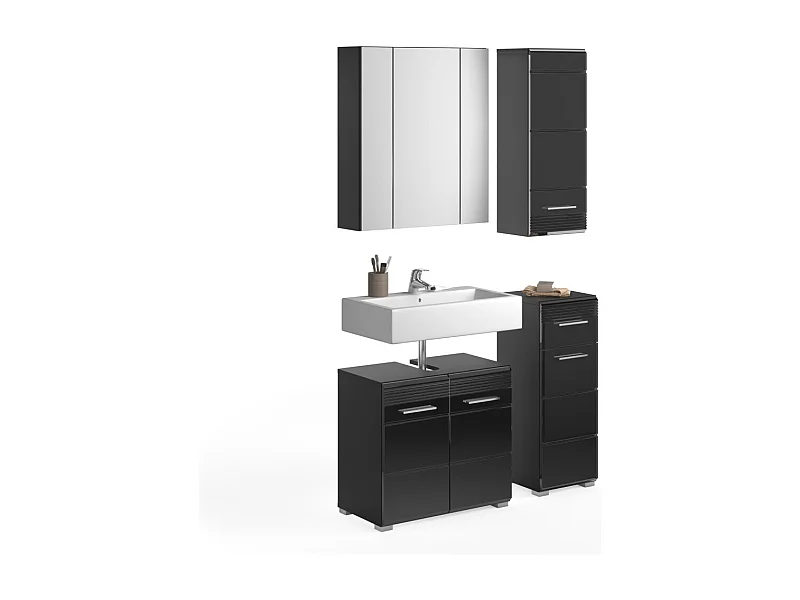 Conjunto de muebles para baño: Mueble bajo lavabo + 2 medias columnas + mueble de almacenamiento con espejos - Negro lacado - KL