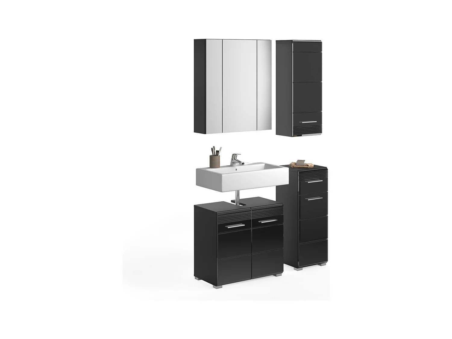 Conjunto de muebles para baño: Mueble bajo lavabo + 2 medias columnas + mueble de almacenamiento con espejos - Negro lacado - KL