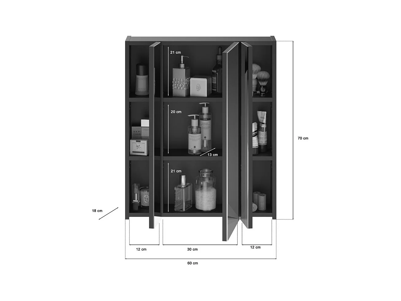 Conjunto de muebles para baño: Mueble bajo lavabo + 2 medias columnas + mueble de almacenamiento con espejos - Negro lacado - KL