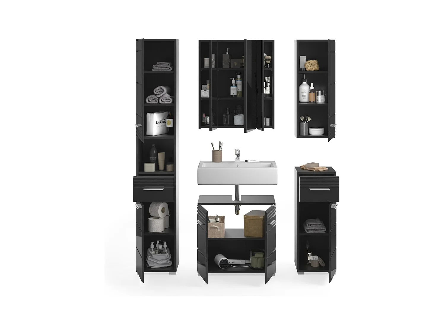 Conjunto de muebles de baño: Mueble bajo lavabo + Columna de baño + 2 medias columnas + mueble de almacenamiento con