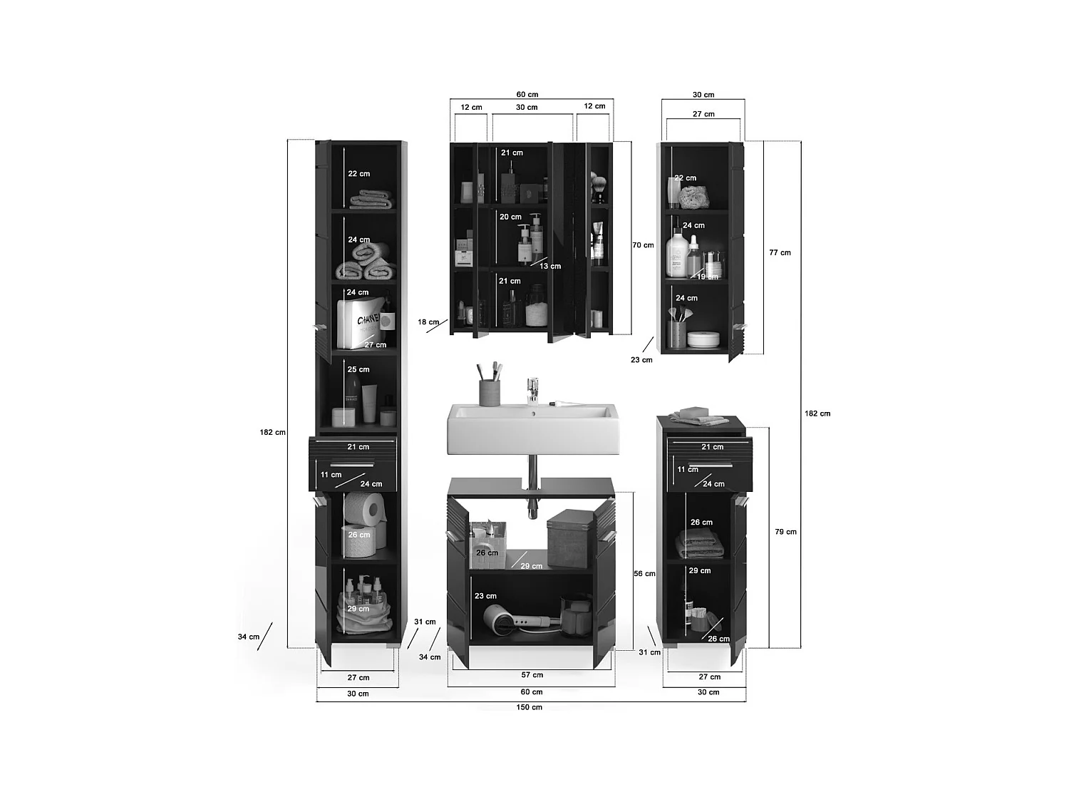 Conjunto de muebles de baño: Mueble bajo lavabo + Columna de baño + 2 medias columnas + mueble de almacenamiento con
