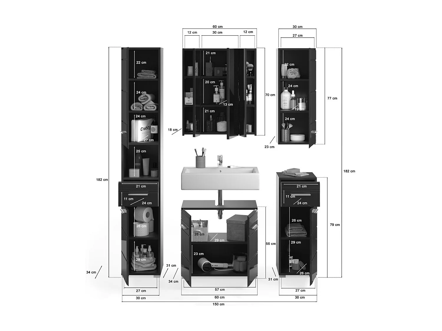 Conjunto de móveis para banheiro: Móvel sob a pia + Coluna de banheiro + 2 meias colunas + móvel de armazenamento com