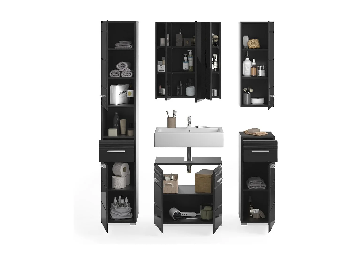 Conjunto de móveis para banheiro: Móvel sob a pia + Coluna de banheiro + 2 meias colunas + móvel de armazenamento com