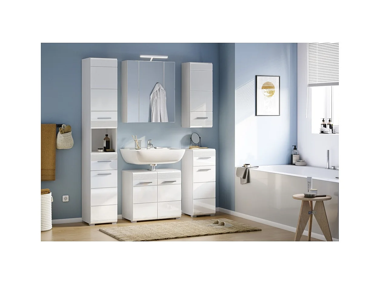 Conjunto para banheiro: móvel sob a pia + armário de armazenamento com espelho – Branco laqueado – KLEANKIN