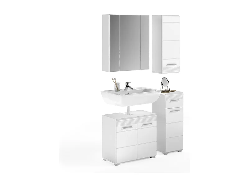 Conjunto de móveis para banheiro: Móvel sob pia + 2 meias colunas + Armário de armazenamento com espelho – Branco laqueado – KLEA