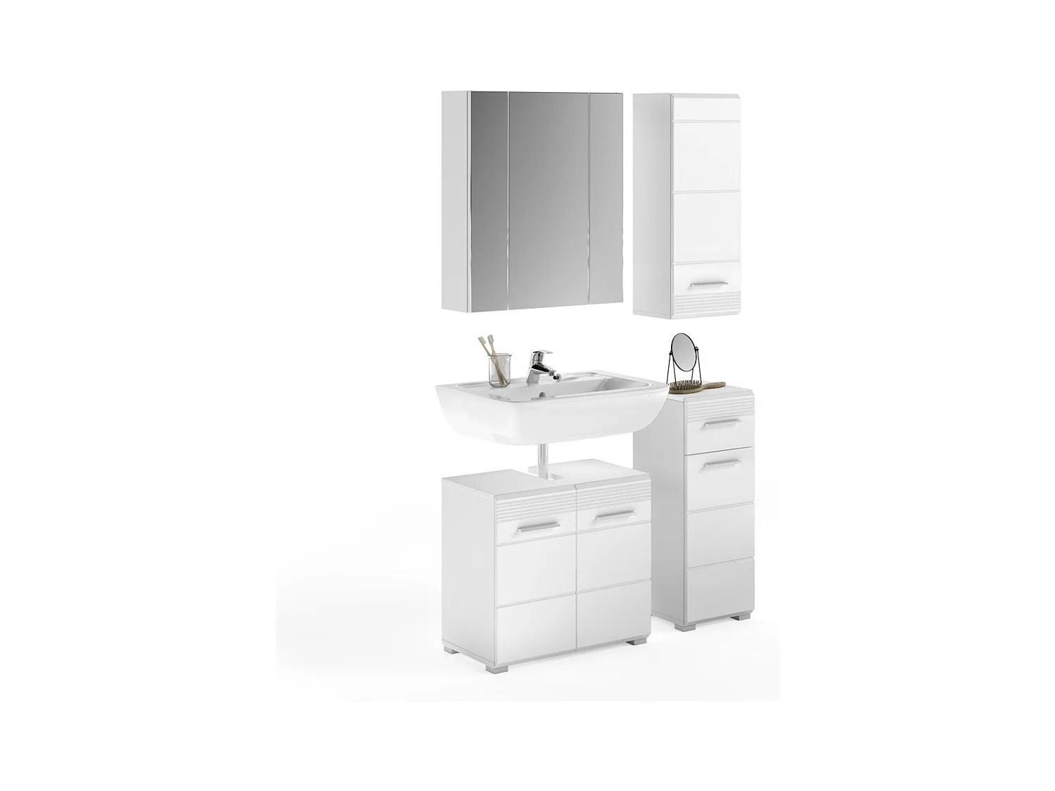 Conjunto de muebles para baño: Mueble bajo lavabo + 2 medias columnas + Mueble de almacenaje con espejo - Blanco lacado - KLEA