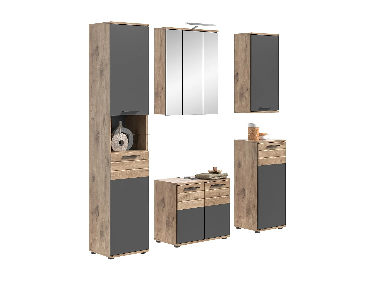 Conjunto de baño SELMA gris antracita y roble claro – mueble bajo lavabo, columna, armario espejo LED, 2 medias columnas