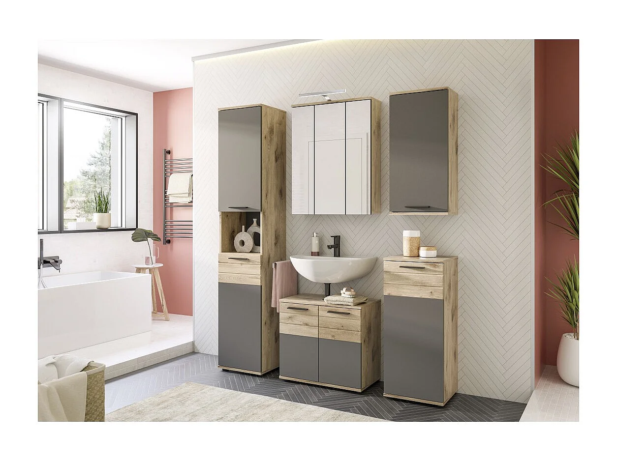 Conjunto de baño SELMA gris antracita y roble claro – mueble bajo lavabo, columna, armario espejo LED, 2 medias columnas