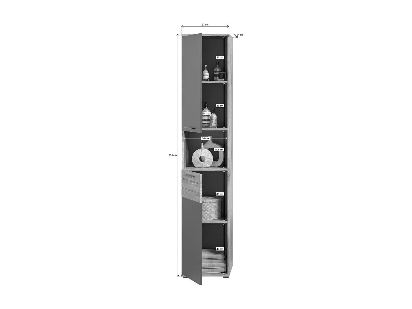 Conjunto de baño SELMA gris antracita y roble claro – mueble bajo lavabo, columna, armario espejo LED, 2 medias columnas