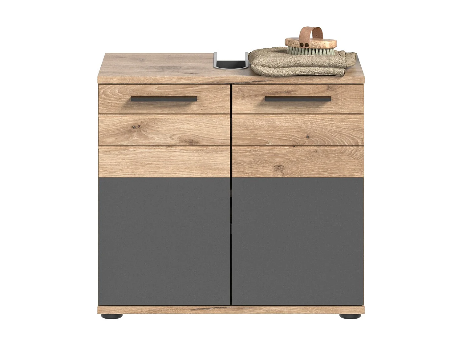 Conjunto de baño SELMA gris antracita y roble claro – mueble bajo lavabo, columna, armario espejo LED, 2 medias columnas