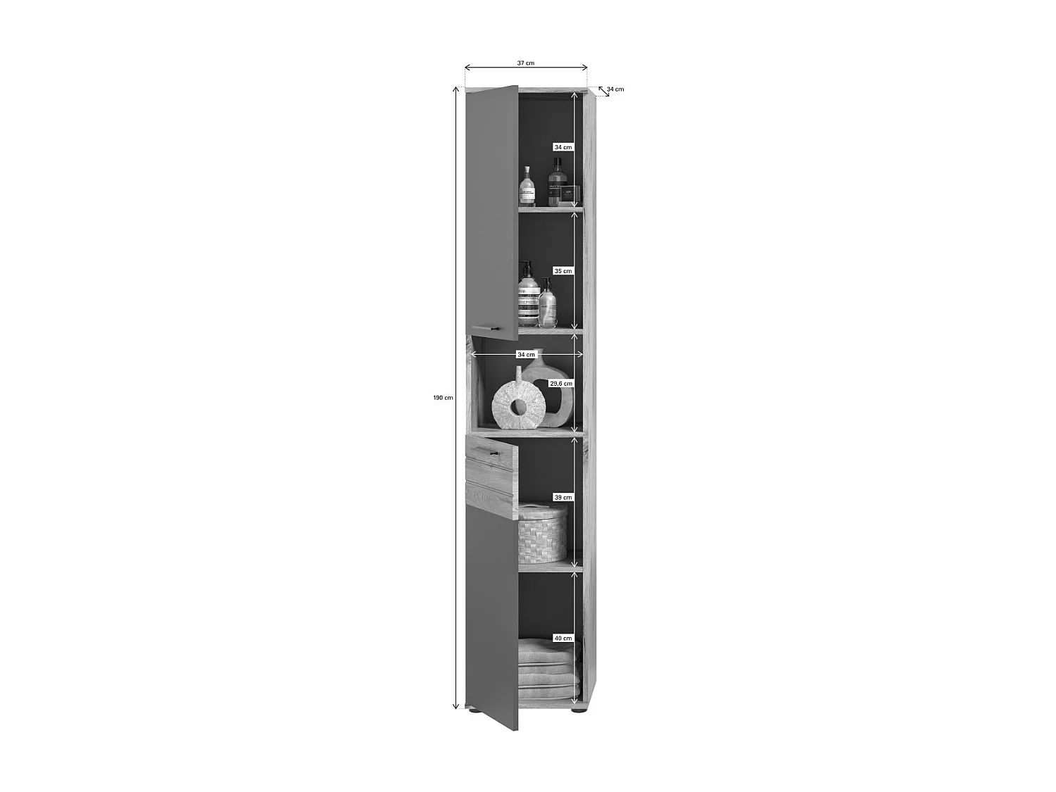 Conjunto de baño SELMA gris antracita y roble claro – mueble bajo lavabo, columna, armario espejo LED, 2 medias columnas