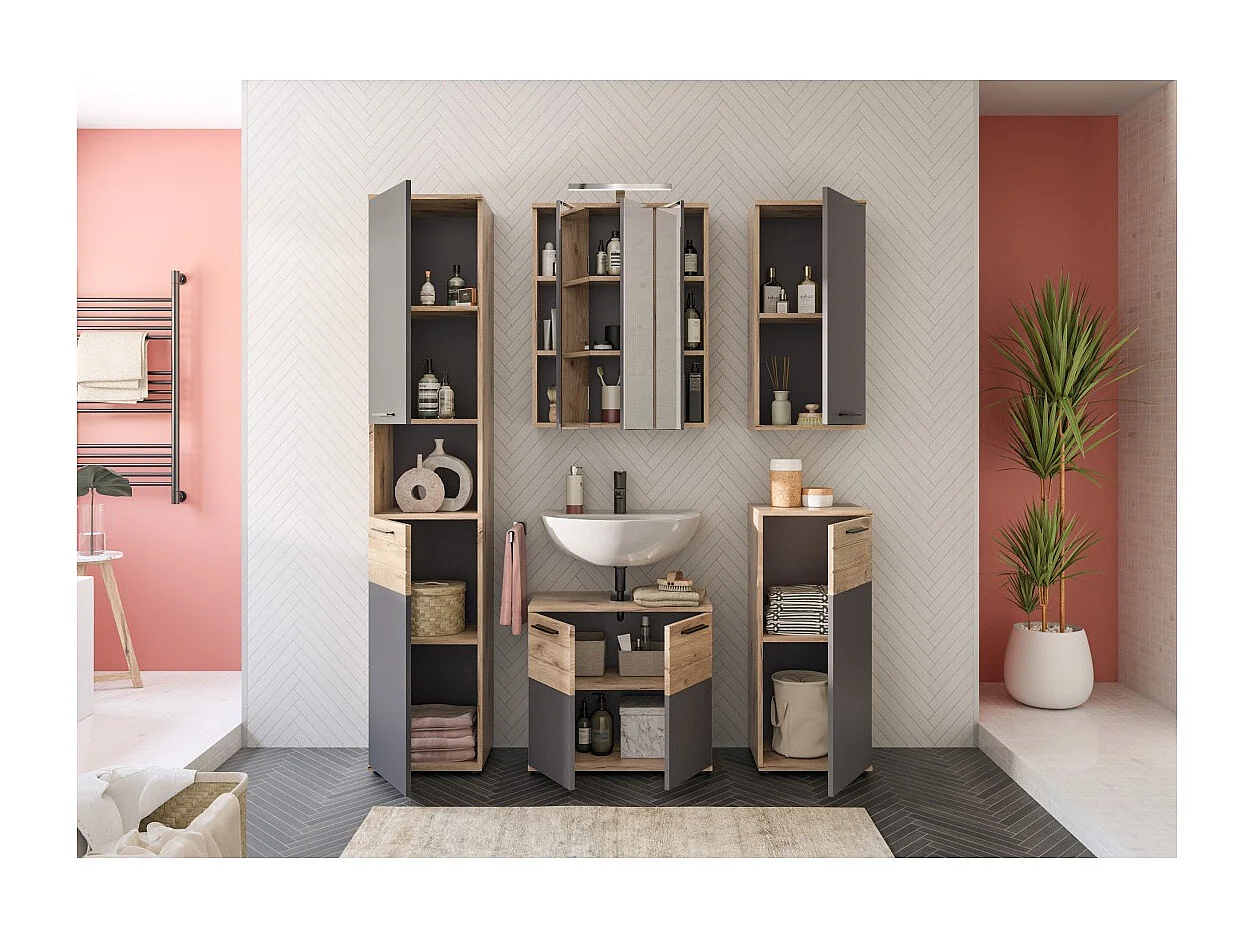 Conjunto de baño SELMA gris antracita y roble claro – mueble bajo lavabo, columna, armario espejo LED, 2 medias columnas