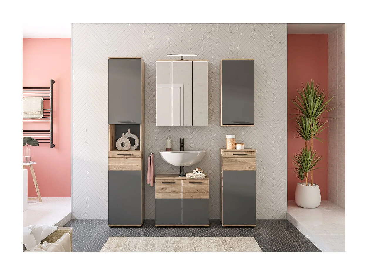 Conjunto de baño SELMA gris antracita y roble claro – mueble bajo lavabo, columna, armario espejo LED, 2 medias columnas