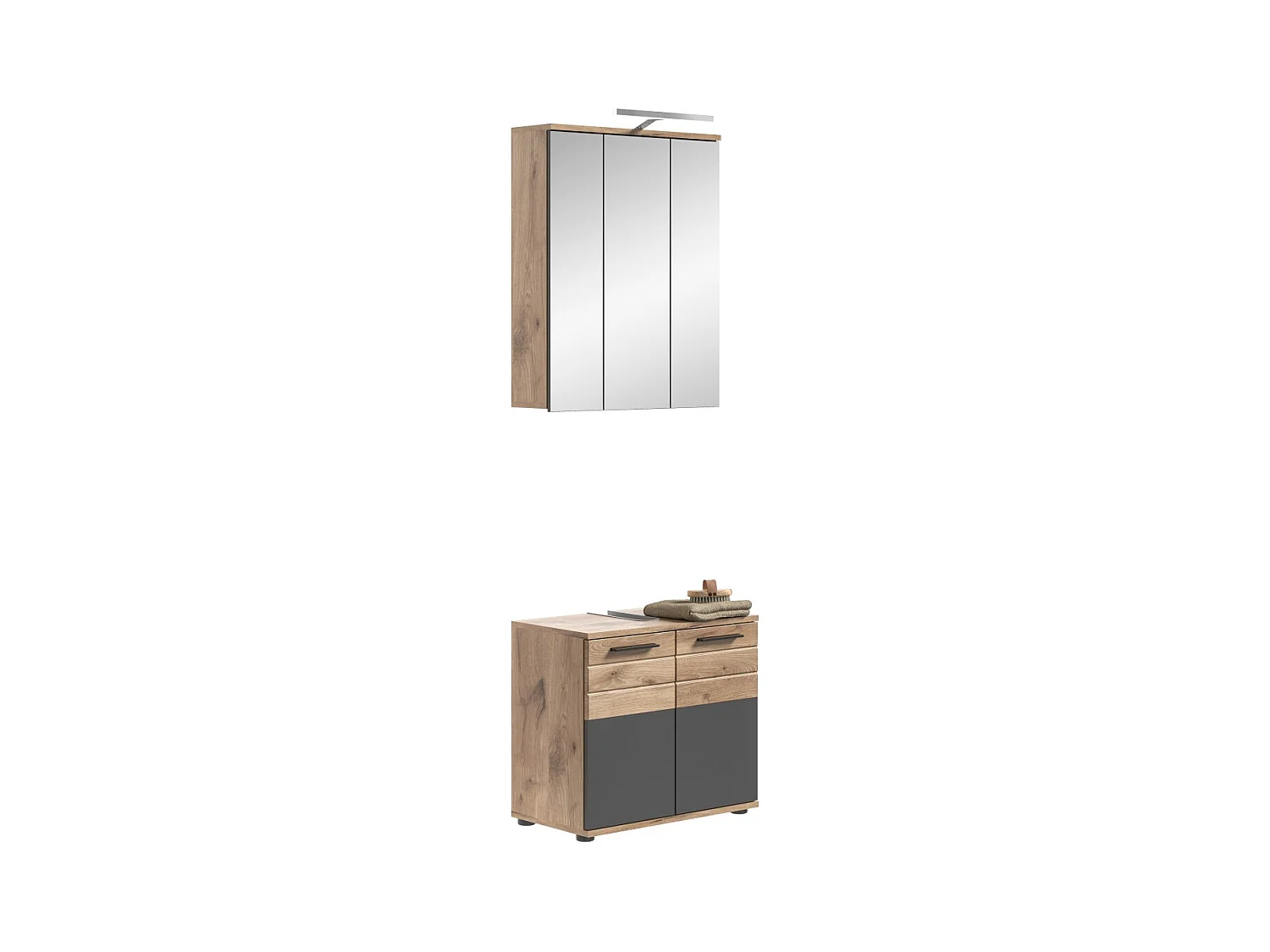 Ensemble de salle de bain : meuble sous vasque + armoire de rangement avec miroirs et LED – Gris anthracite et chêne clair – SEL