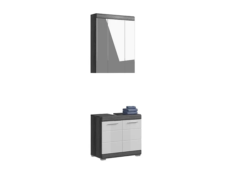 Ensemble salle de bain SCOTT – Meuble sous vasque et meuble de rangement avec miroir – Gris foncé et blanc