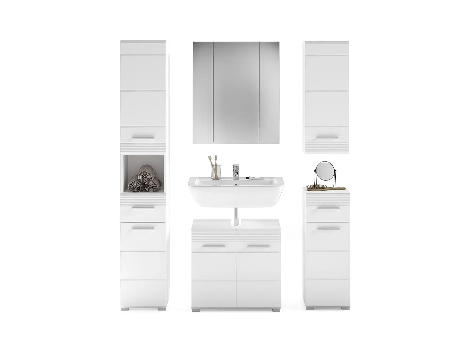 Conjunto de banheiro: móvel sob a pia + 2 meia coluna + móvel de armazenamento com espelho e LED + coluna de banheiro