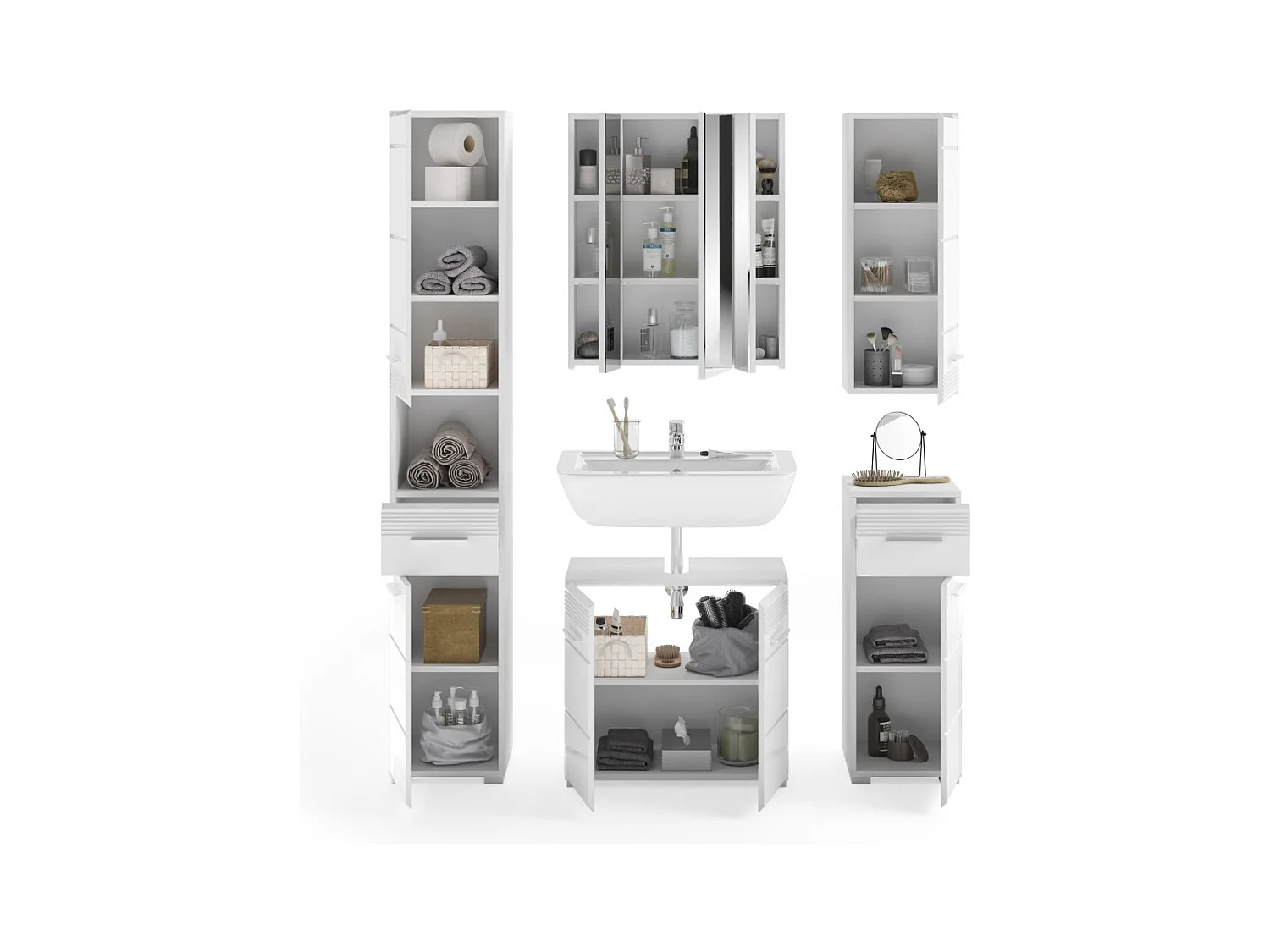 Conjunto de banheiro: móvel sob a pia + 2 meia coluna + móvel de armazenamento com espelho e LED + coluna de banheiro