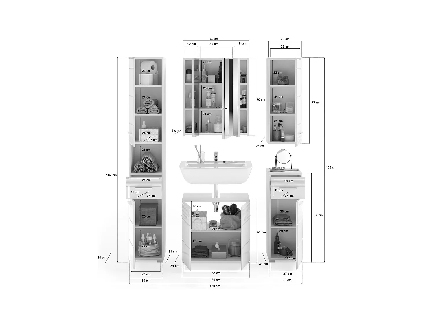 Conjunto de banheiro: móvel sob a pia + 2 meia coluna + móvel de armazenamento com espelho e LED + coluna de banheiro