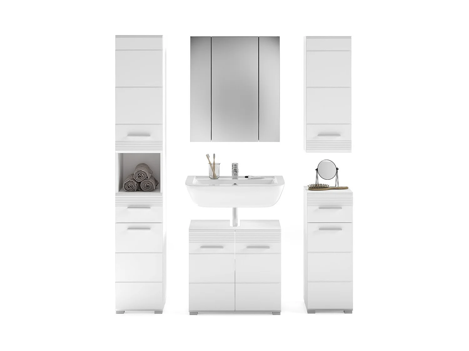 Conjunto de baño: mueble bajo lavabo + 2 medias columnas + mueble de almacenamiento con espejo y LED + columna de baño