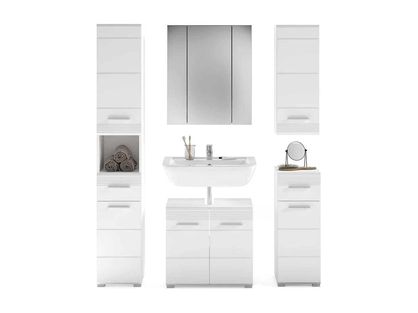 Conjunto de baño: mueble bajo lavabo + 2 medias columnas + mueble de almacenamiento con espejo y LED + columna de baño