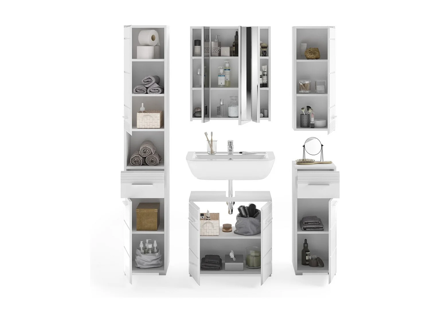 Conjunto de baño: mueble bajo lavabo + 2 medias columnas + mueble de almacenamiento con espejo y LED + columna de baño