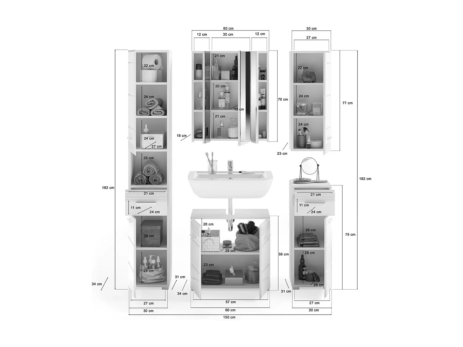 Conjunto de baño: mueble bajo lavabo + 2 medias columnas + mueble de almacenamiento con espejo y LED + columna de baño