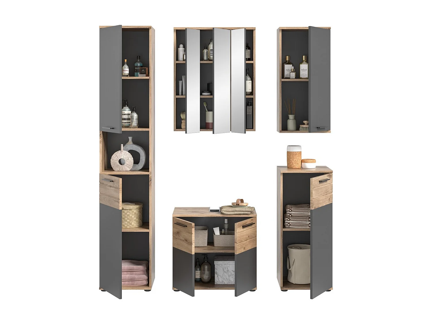 Conjunto para baño: Mueble bajo lavabo, columna, armario de almacenamiento con espejo + 2 medias columnas – Gris antracita y