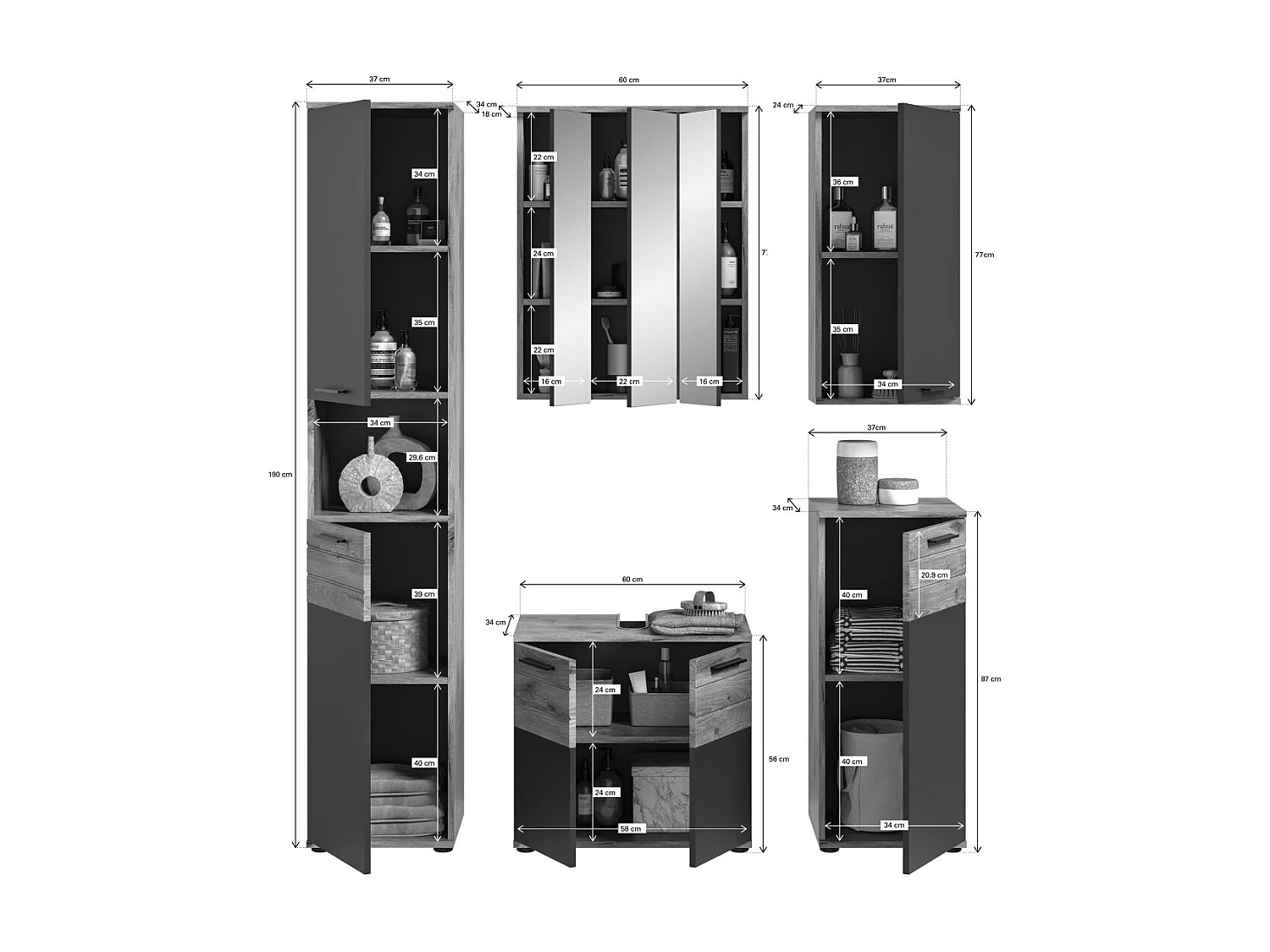 Conjunto para baño: Mueble bajo lavabo, columna, armario de almacenamiento con espejo + 2 medias columnas – Gris antracita y