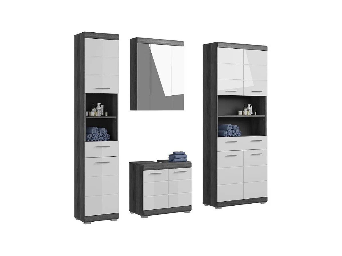 Ensemble salle de bain SCOTT – Meuble sous vasque, colonne, rangement miroir et meuble de rangement – Gris foncé et blanc