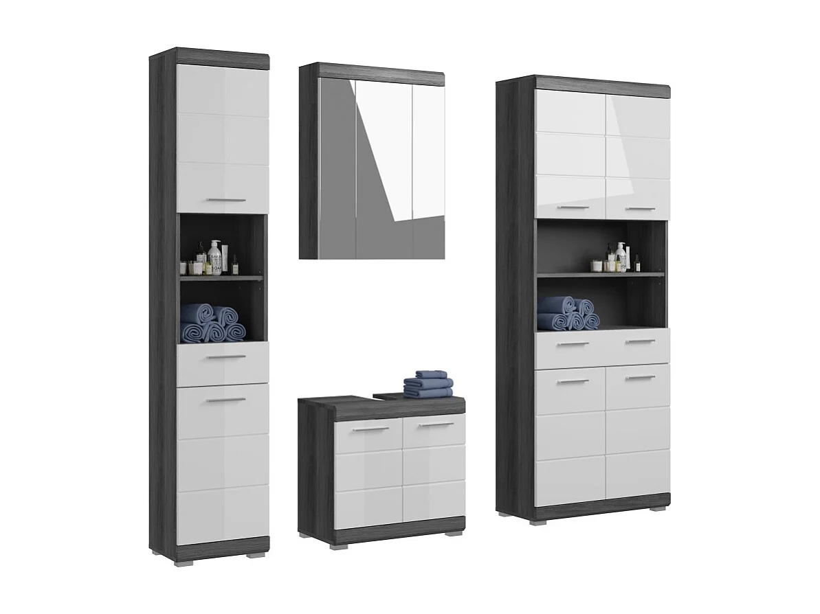 Badkamerset SCOTT – Onderkast wastafel, kolomkast, spiegelkast en opbergmeubel – Donkergrijs en wit