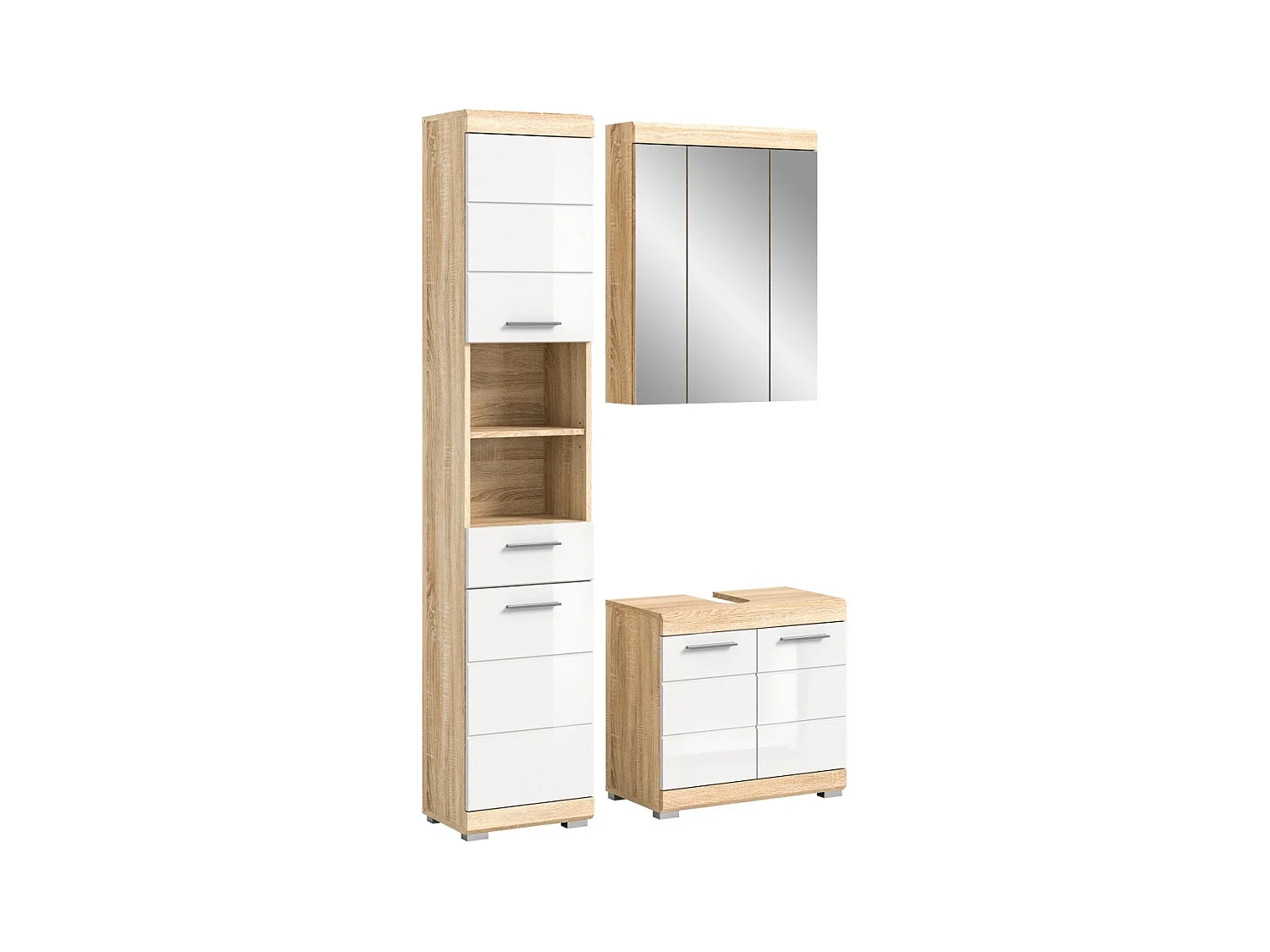 Ensemble de meubles de salle de bain RIDLEY – Meuble sous vasque, colonne et rangement avec miroir – Blanc et chêne clair