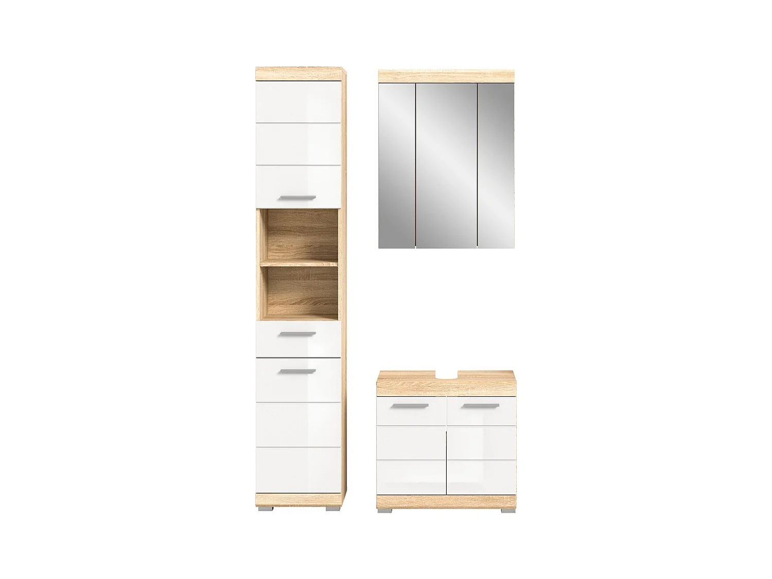 Ensemble de meubles de salle de bain RIDLEY – Meuble sous vasque, colonne et rangement avec miroir – Blanc et chêne clair