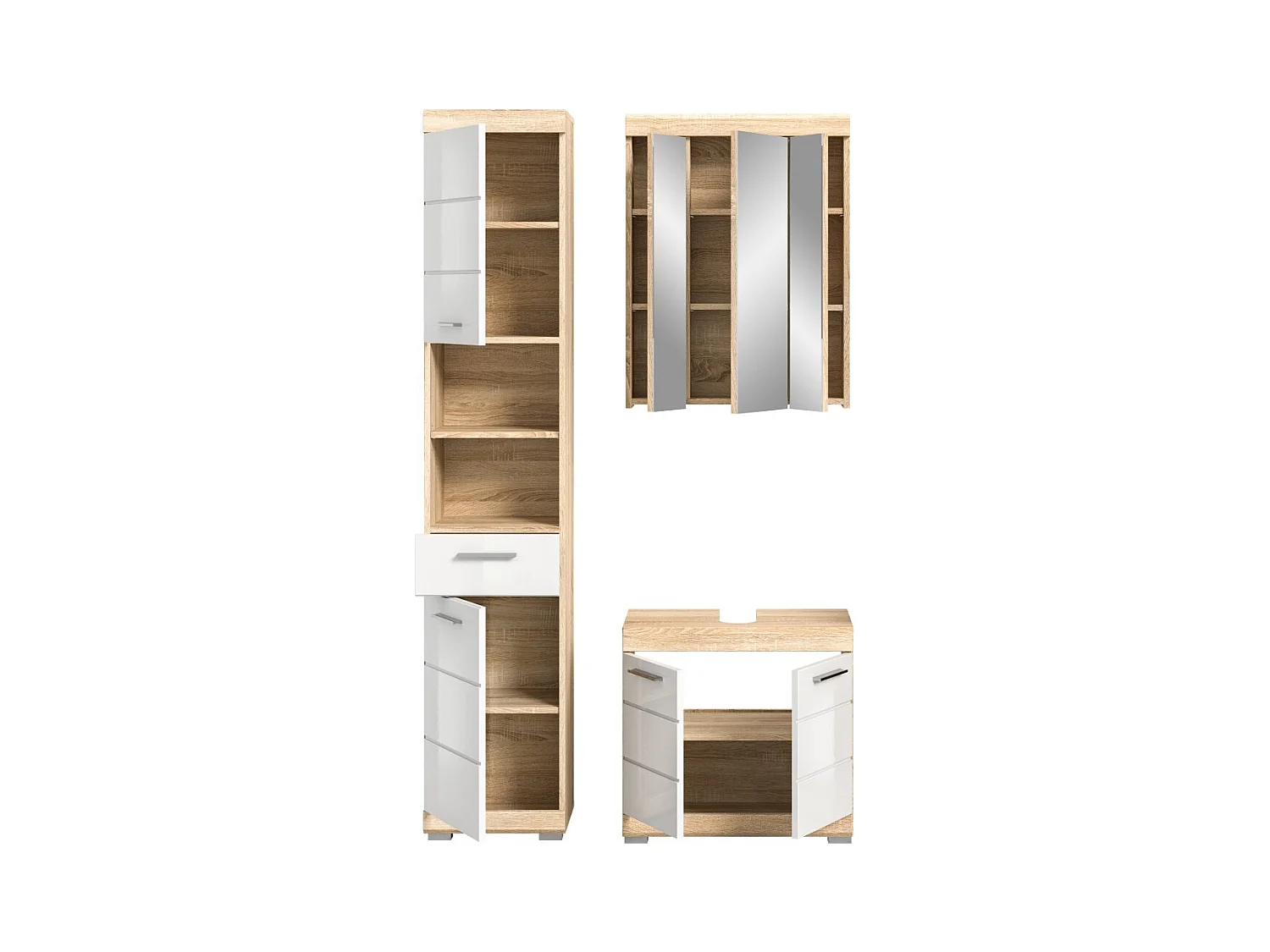 Ensemble de meubles de salle de bain RIDLEY – Meuble sous vasque, colonne et rangement avec miroir – Blanc et chêne clair