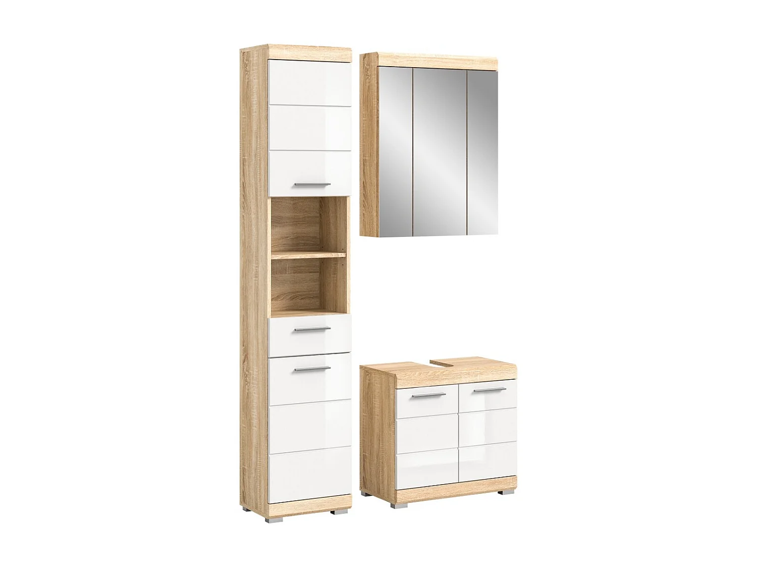 Ensemble de meubles de salle de bain RIDLEY – Meuble sous vasque, colonne et rangement avec miroir – Blanc et chêne clair