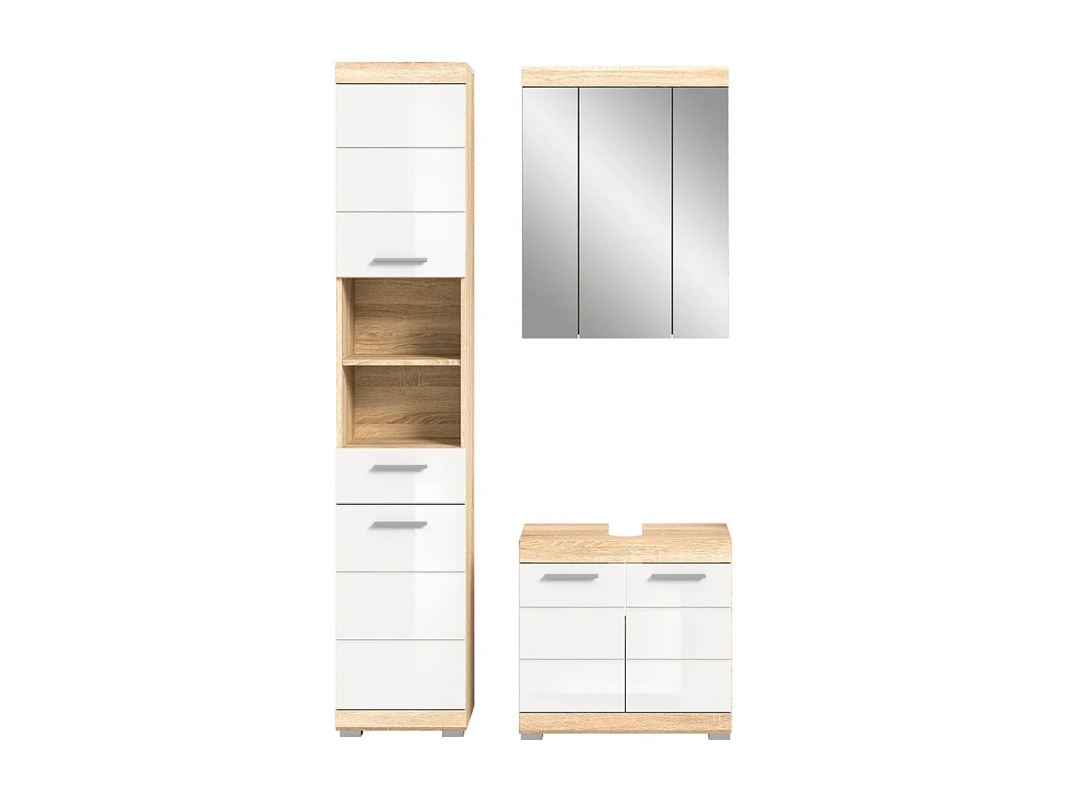 Ensemble de meubles de salle de bain RIDLEY – Meuble sous vasque, colonne et rangement avec miroir – Blanc et chêne clair