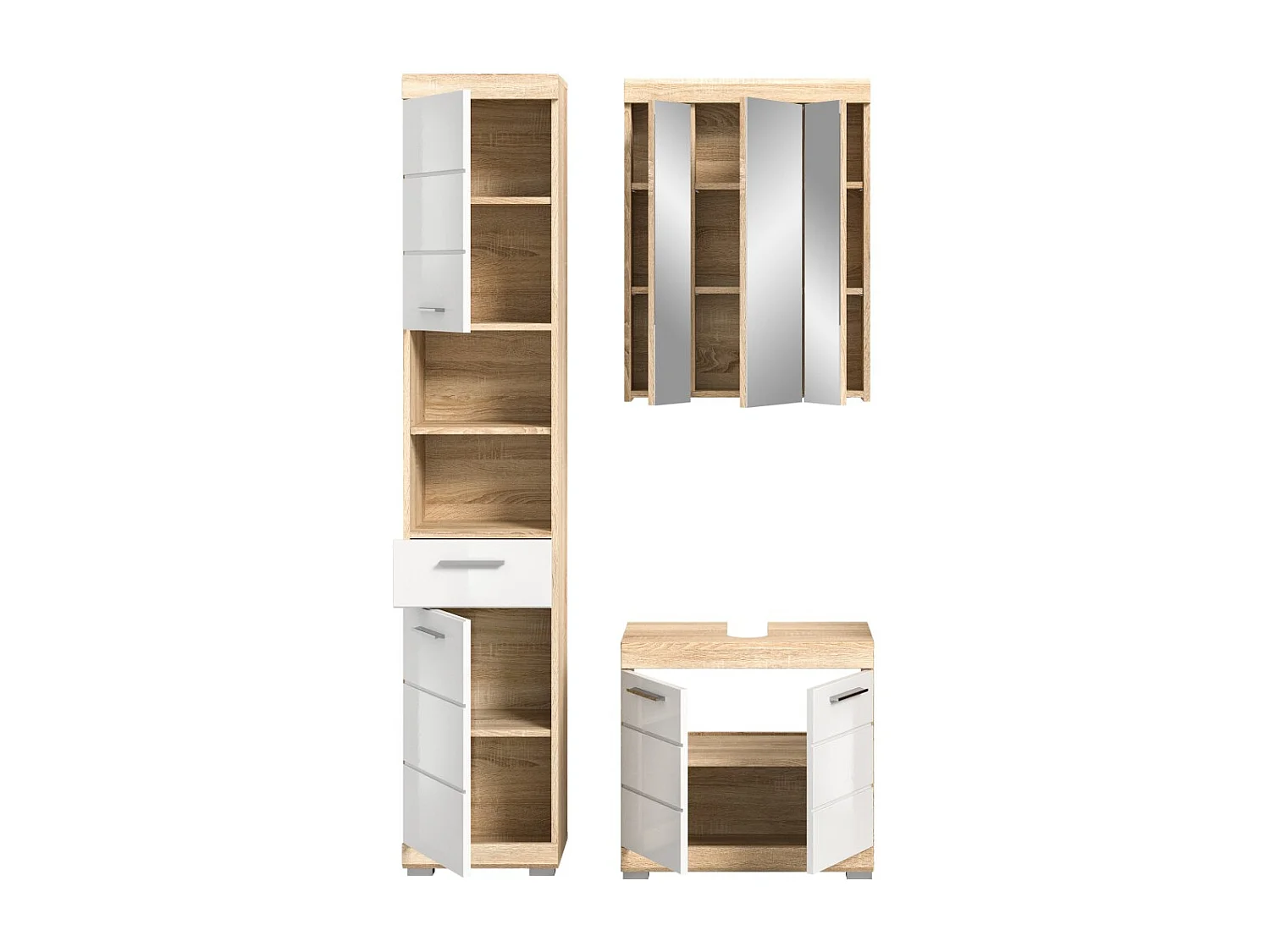 Ensemble de meubles de salle de bain RIDLEY – Meuble sous vasque, colonne et rangement avec miroir – Blanc et chêne clair