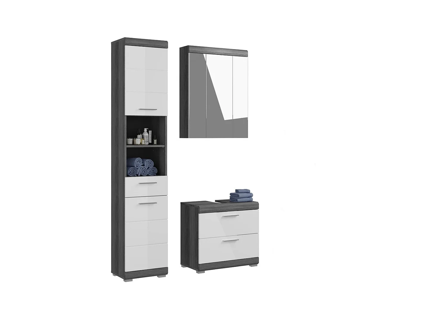 Badezimmer-Set SCOTT – Waschtischunterschrank, Hochschrank und Spiegel mit Stauraum