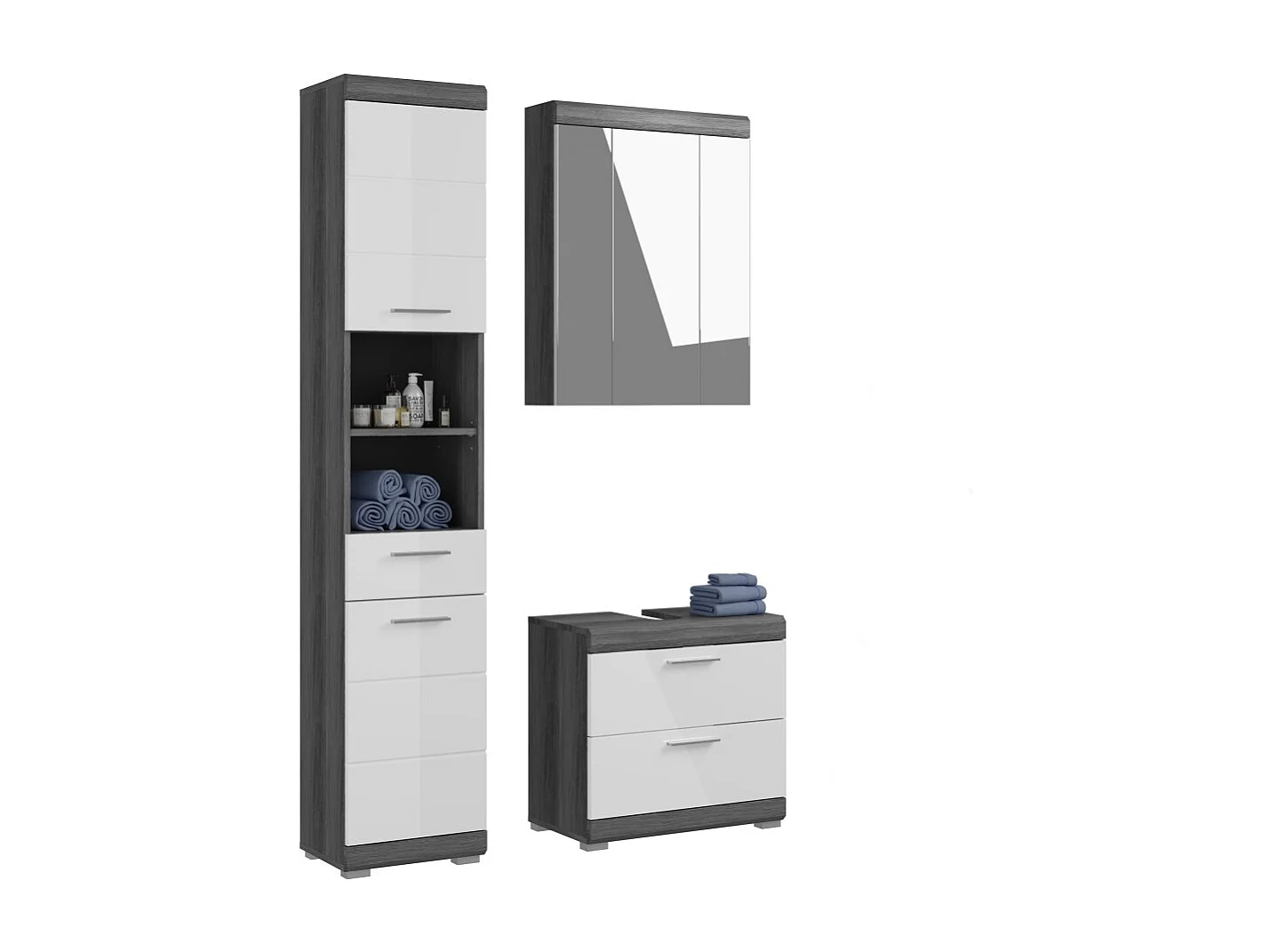 Juego de baño SCOTT – Mueble bajo lavabo, columna y espejo con almacenamiento