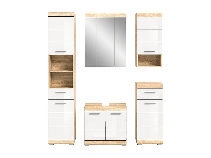 Conjunto para banheiro LEWOTO – 1 coluna, 1 móvel sob a pia, 1 armário com espelho, e 2 meias-colunas – Branco e carvalho