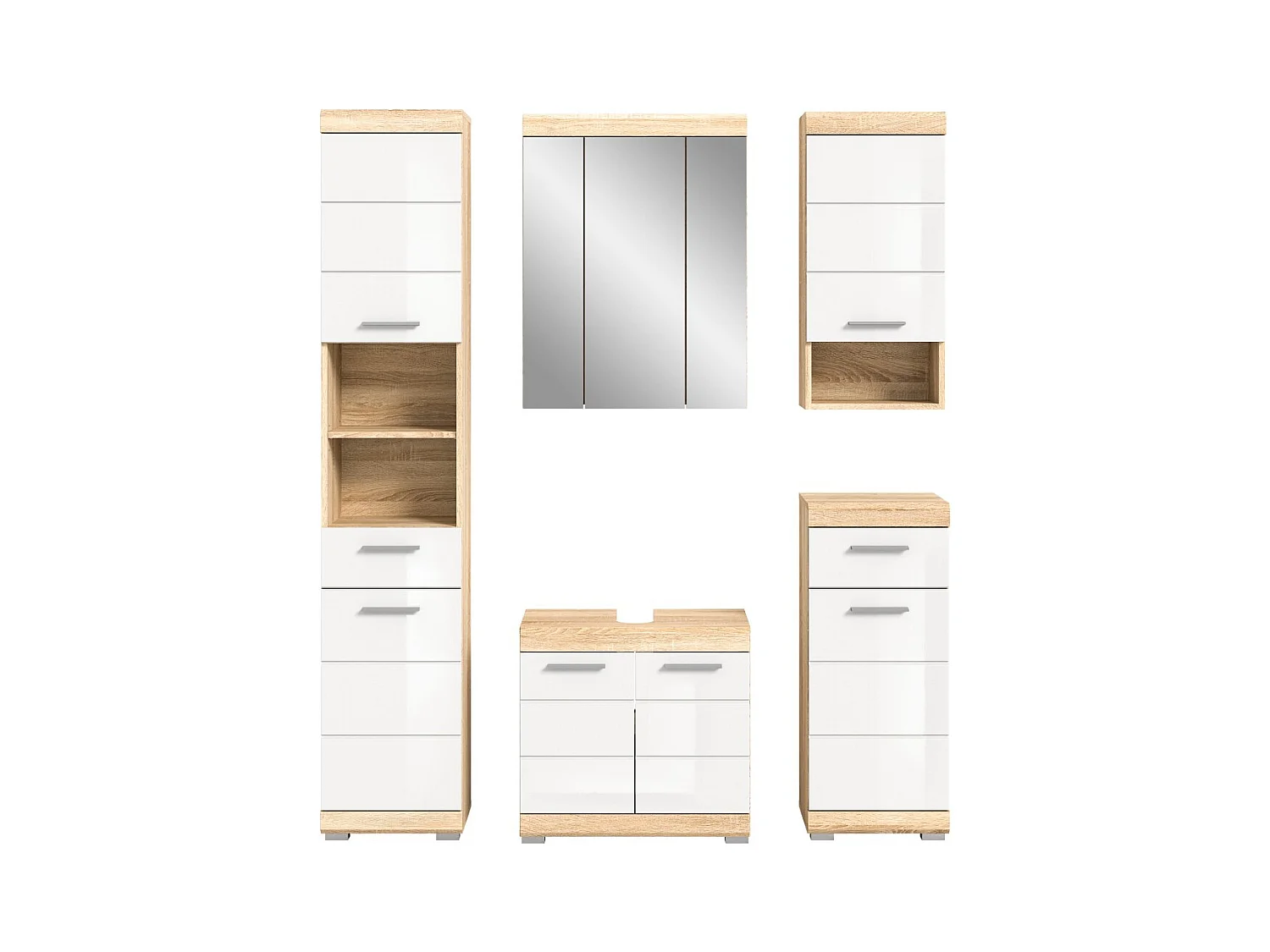 Conjunto para banheiro LEWOTO – 1 coluna, 1 móvel sob a pia, 1 armário com espelho, e 2 meias-colunas – Branco e carvalho