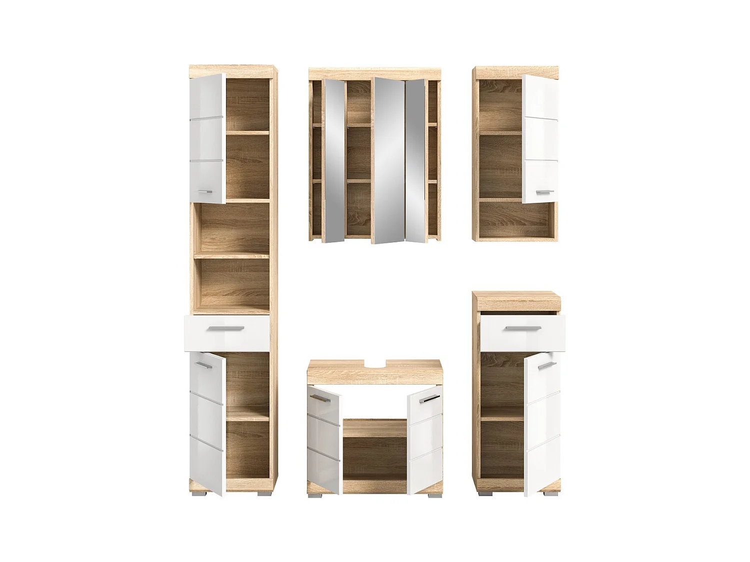 Conjunto para banheiro LEWOTO – 1 coluna, 1 móvel sob a pia, 1 armário com espelho, e 2 meias-colunas – Branco e carvalho