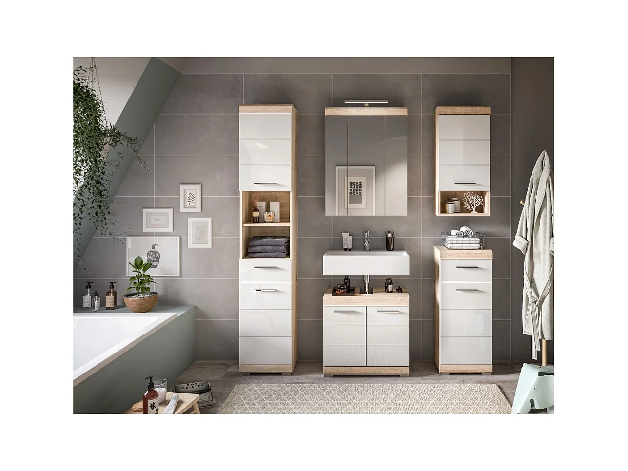 Conjunto para banheiro LEWOTO – 1 coluna, 1 móvel sob a pia, 1 armário com espelho, e 2 meias-colunas – Branco e carvalho