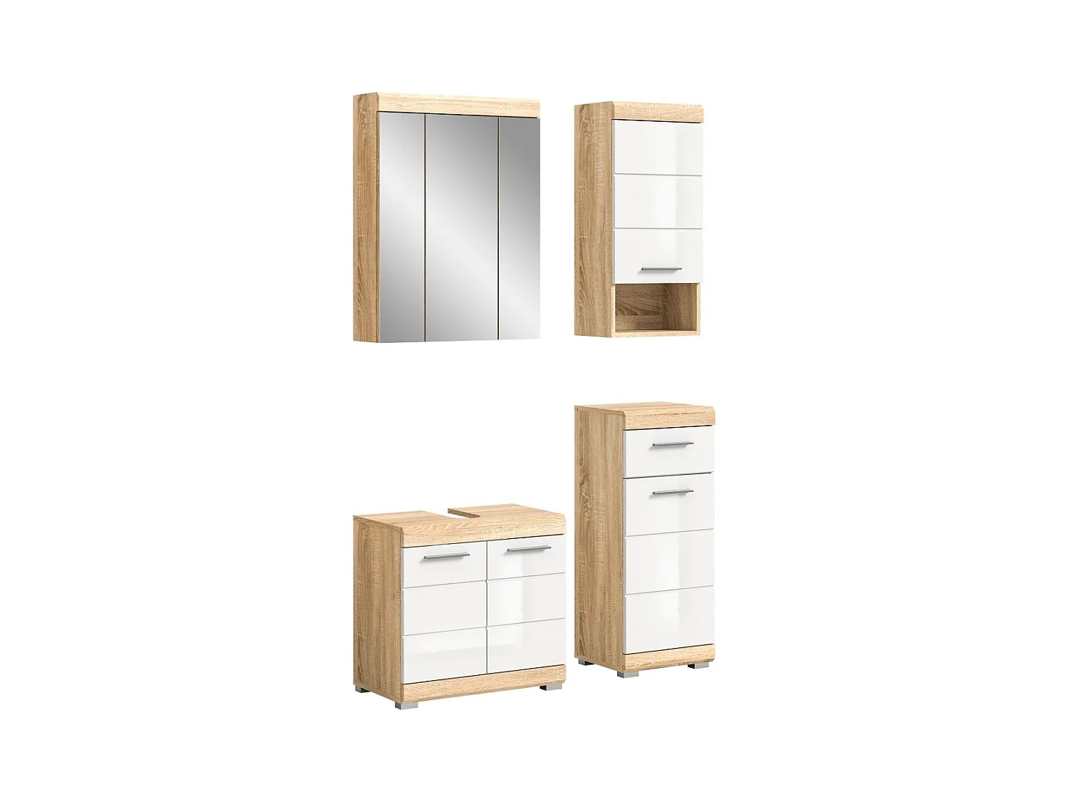 Conjunto de banheiro: 1 móvel sob a pia, 1 armário com espelho e 2 meia-coluna