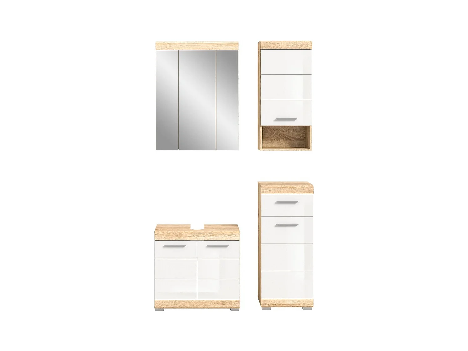 Conjunto de banheiro: 1 móvel sob a pia, 1 armário com espelho e 2 meia-coluna
