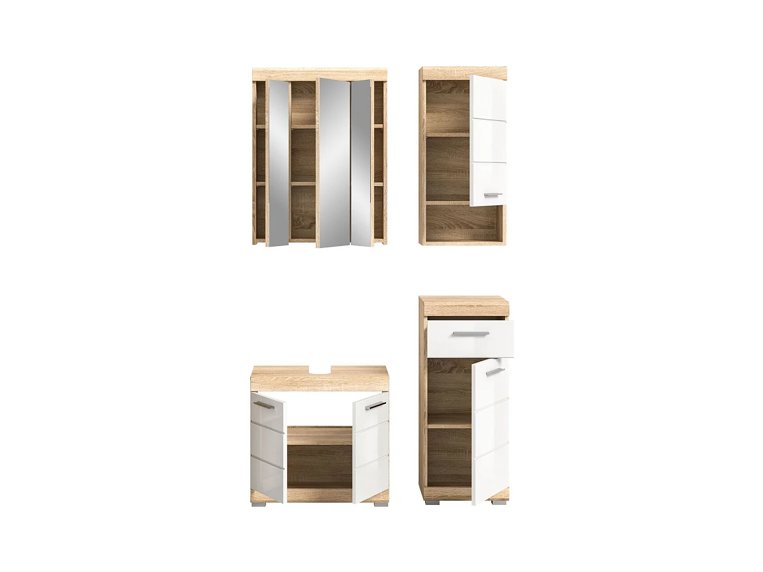 Conjunto de banheiro: 1 móvel sob a pia, 1 armário com espelho e 2 meia-coluna