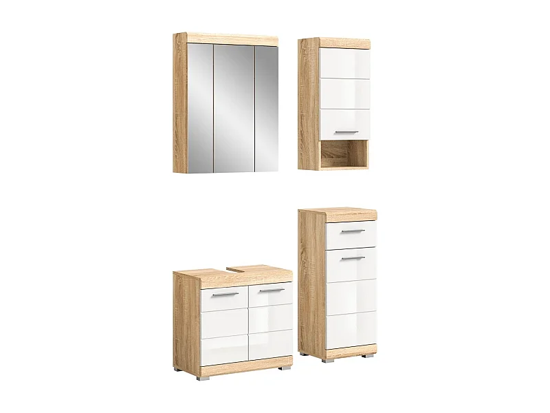 Ensemble de salle de bain : 1 meuble sous vasque, 1 armoire avec miroir et 2 demi colonne
