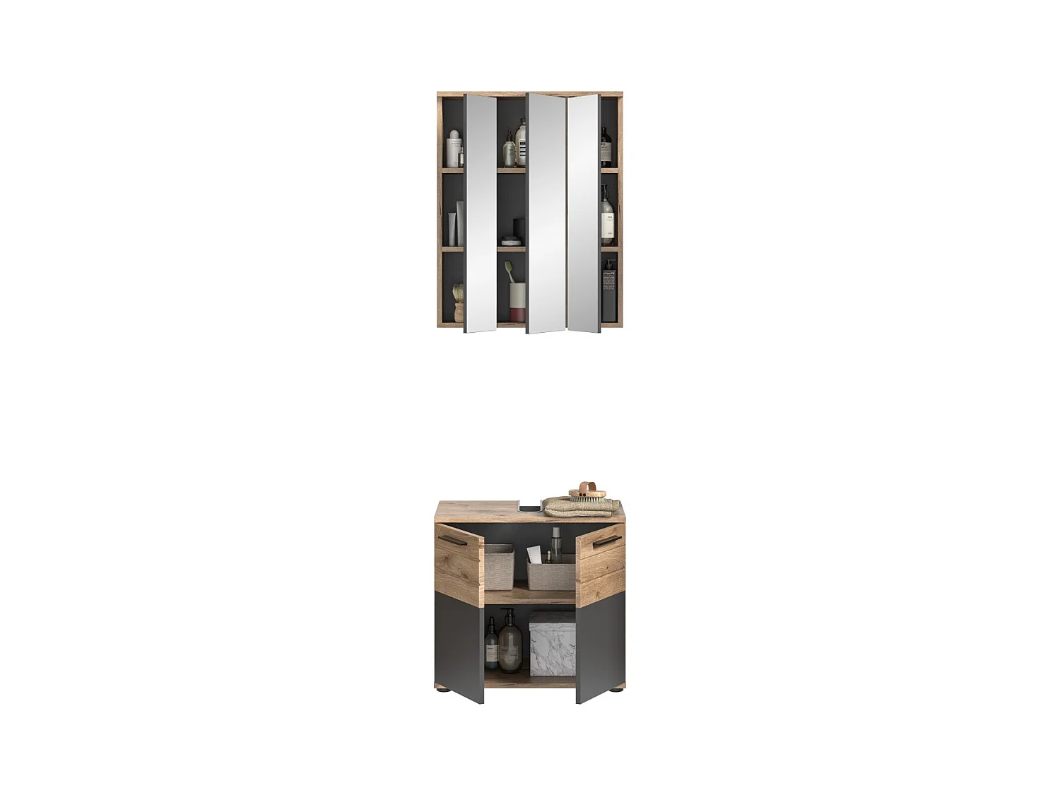Conjunto para baño: mueble bajo lavabo + armario de almacenamiento con espejos – Gris antracita y roble claro – SELMA
