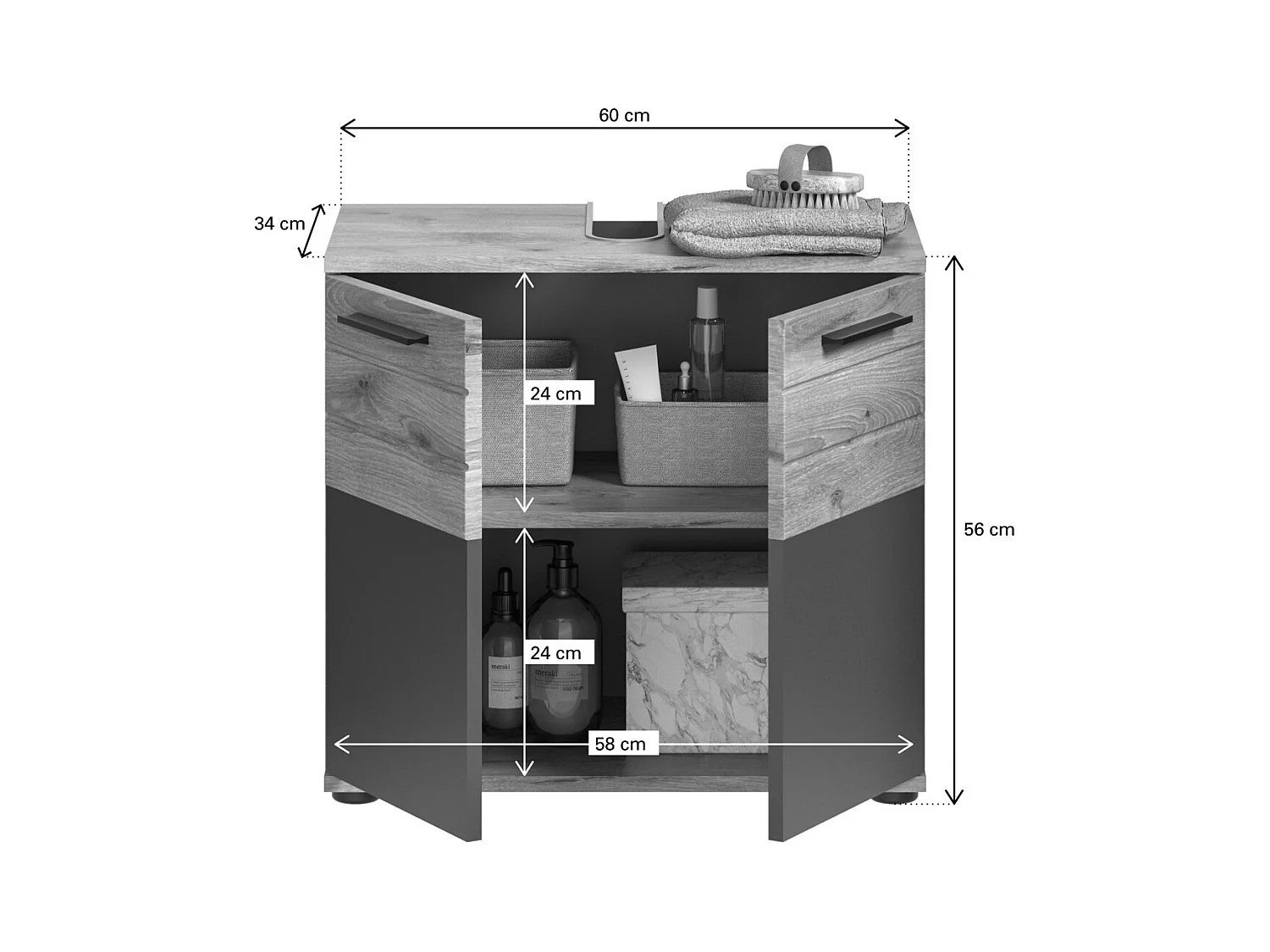 Conjunto para baño: mueble bajo lavabo + armario de almacenamiento con espejos – Gris antracita y roble claro – SELMA