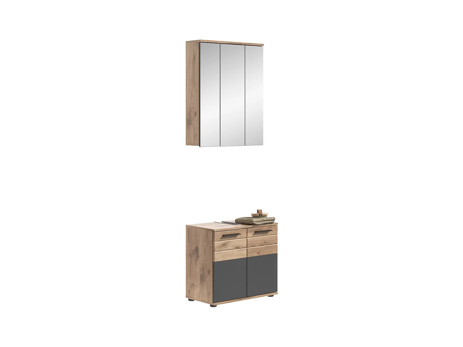 Ensemble de salle de bain : meuble sous vasque + armoire de rangement avec miroirs – Gris anthracite et chêne clair – SELMA