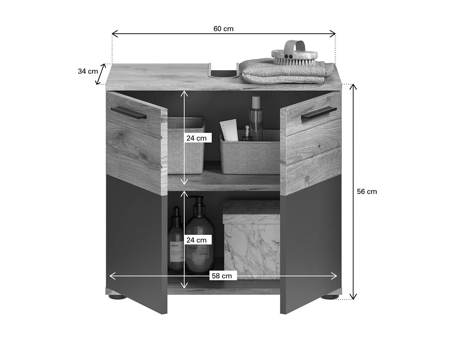 Conjunto para banheiro: móvel sob a pia + armário de armazenamento com espelhos – Cinza antracite e carvalho claro – SELMA